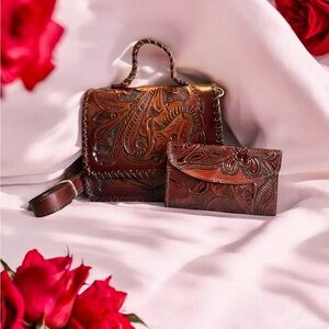 Leather Handmade Tooled Embossed Crossbody Handbag & Wallet Set New